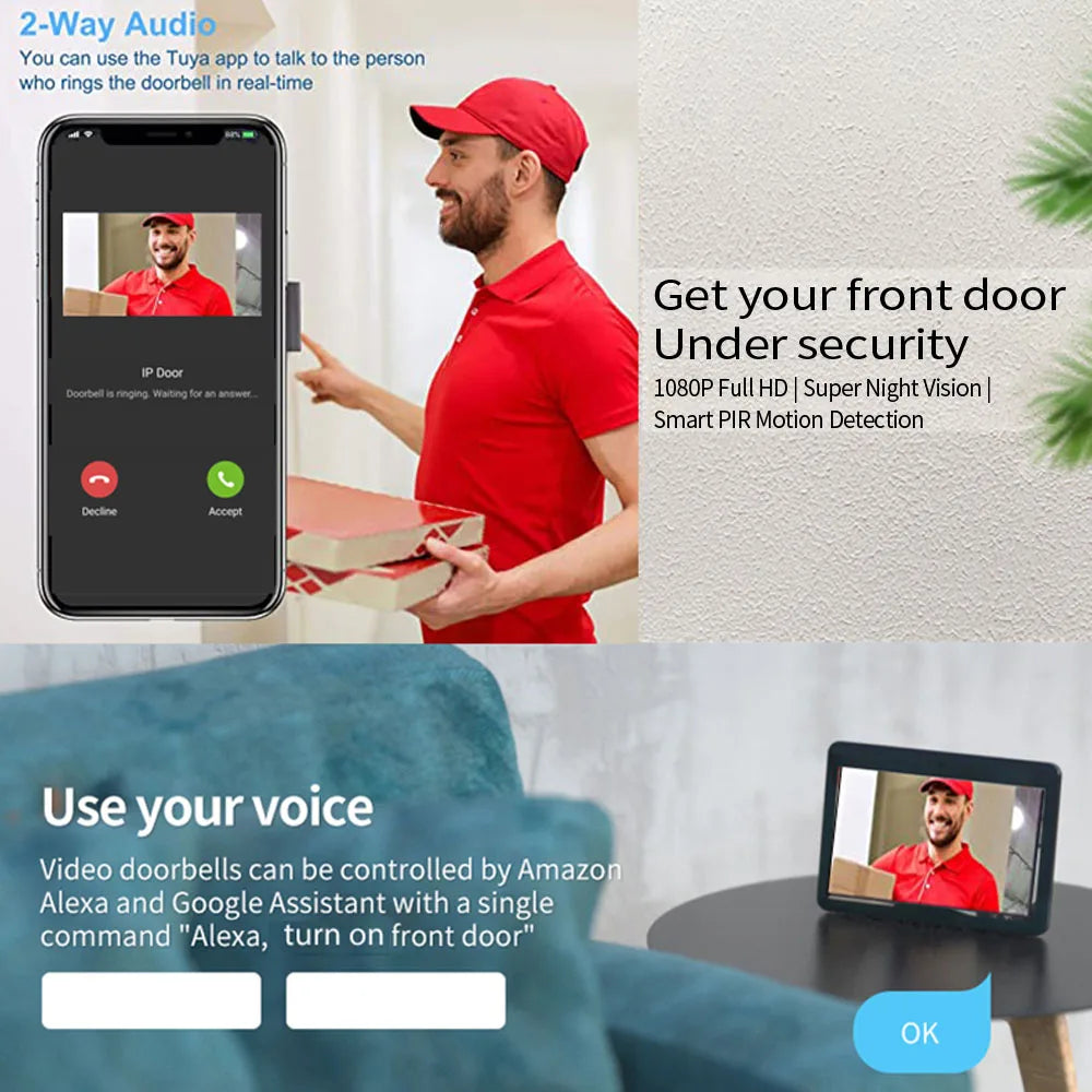 7 Inch Tuya Video Doorbell WiFi Outdoor Door Bell Waterproof IP65 Intercom Smart Home  Door Phone Camera