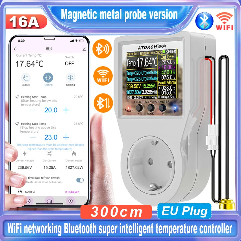 Tuya Wi-Fi Smart Thermostat Socket Outlet Plug Remote Temperature Controller Timer Switch Heating Cooling 3M NTC Sensor 16A