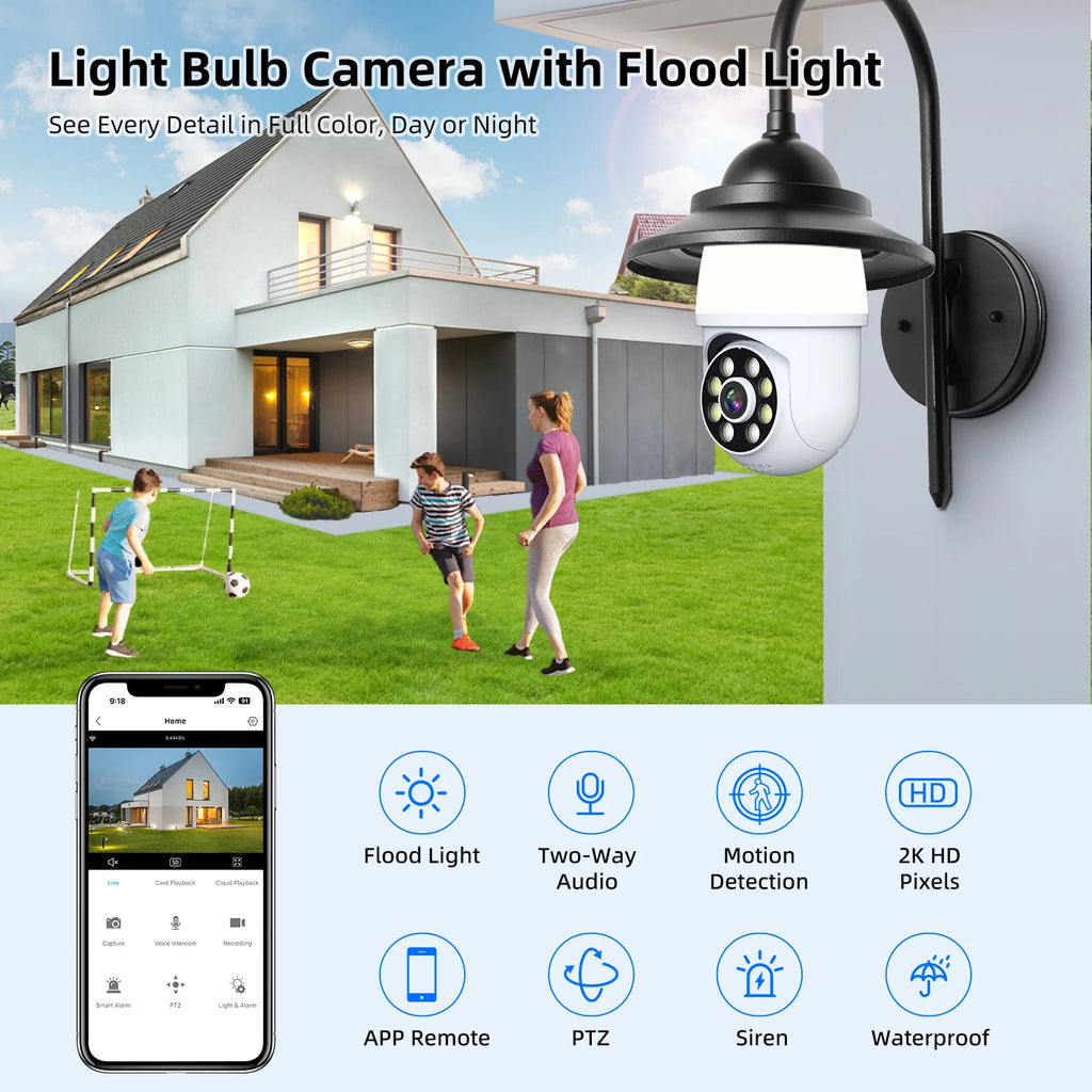 5MP E27 Bulb Camera Wifi Surveillance with LED Bulb PTZ 10X Zoom Ai Human Tracking Two-way Audio Night Vision Wireless Cam ICSEE
