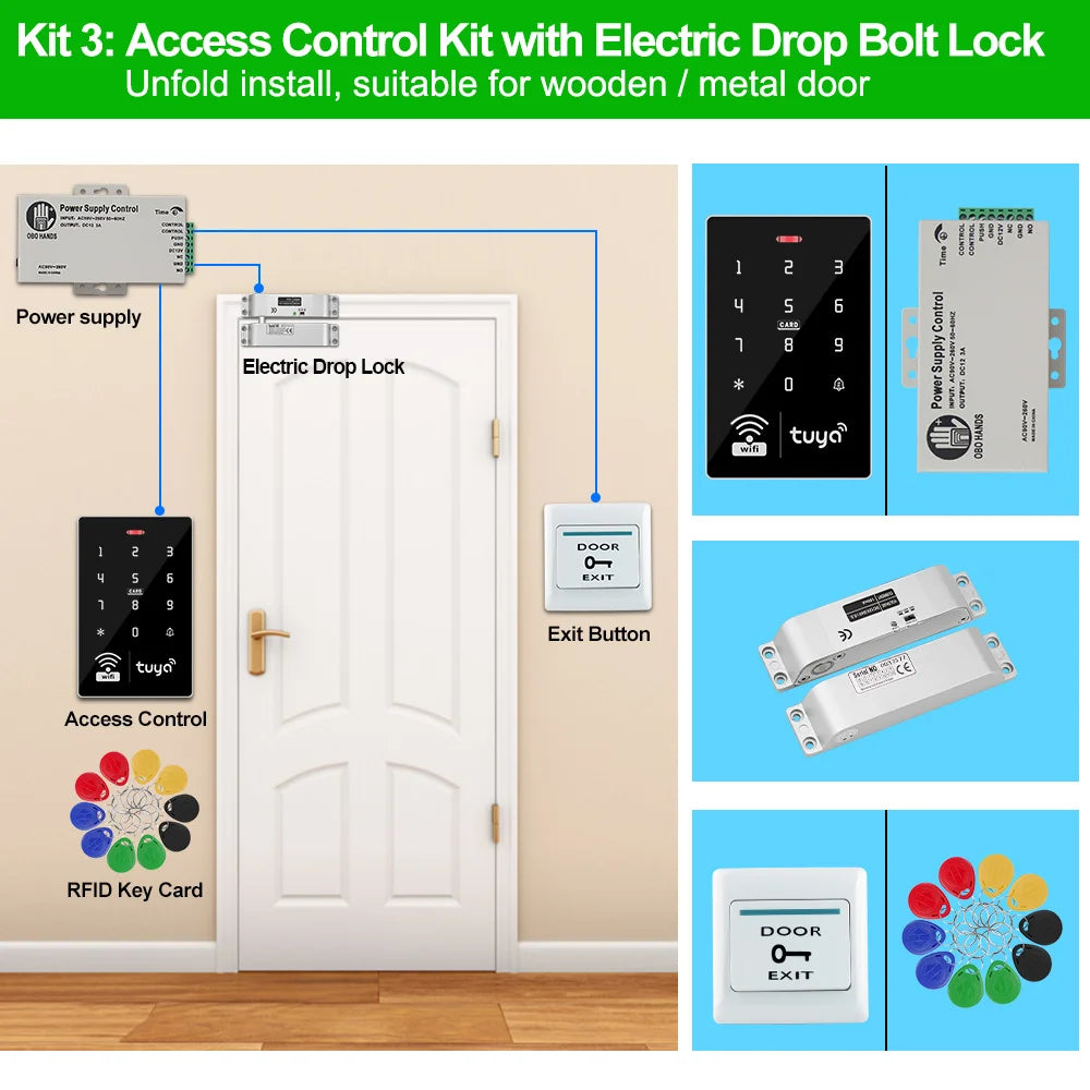 Wifi Tuya Door Access Control System Kit Set Waterproof RFID Keypad Controller APP Remote Unlock, Electric Magnetic Strike Locks