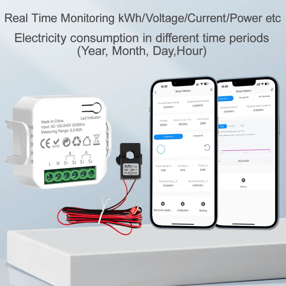 EARU Tuya Smart WiFi Energy Meter with 1/2 CT Clamps Solar PV System Power Production Consumption Bidirectional Monitoring Meter