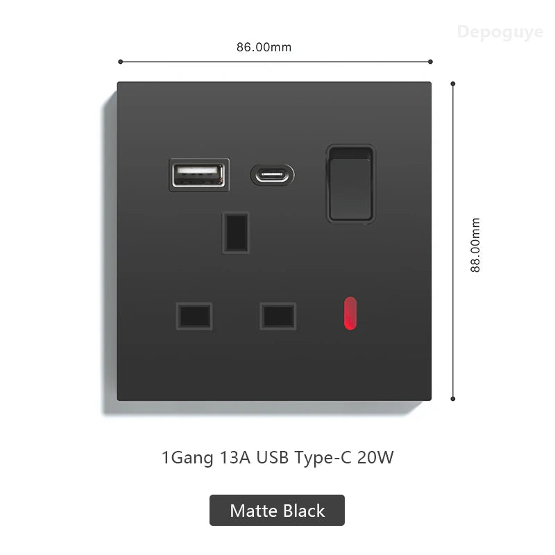 UK 13A with USB Type-c 20W Quick Charge Wall Power socket plug,Black Universal light switch PC Panel Dual USB Electrical outlet