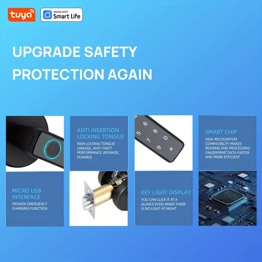 Tuya Bluetooth Biometric Electronic Lock Smart Fingerprint Password App Unlock Intelligent Door Handle Lock Home Security