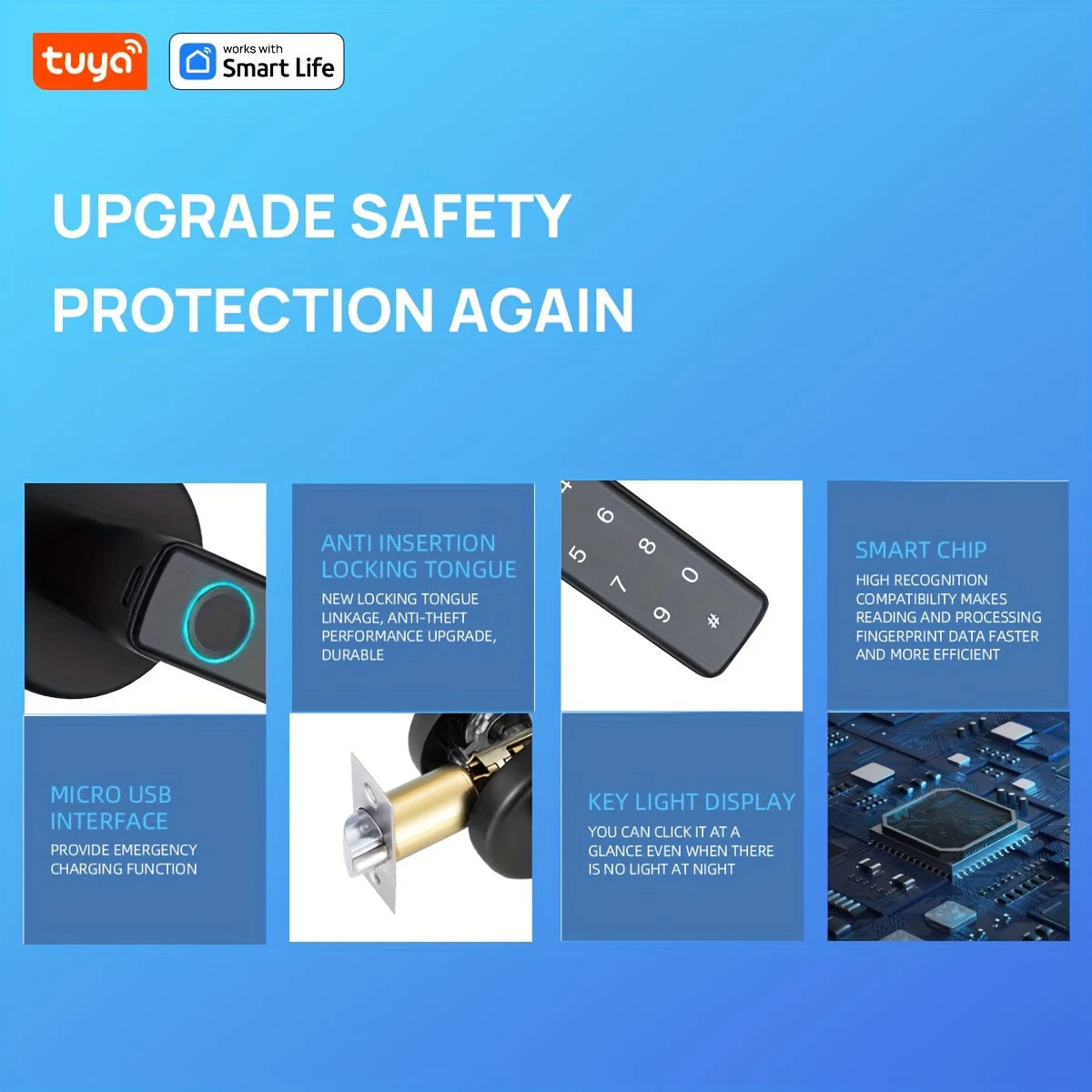 Tuya Bluetooth Biometric Electronic Lock Smart Fingerprint Password App Unlock Intelligent Door Handle Lock Home Security