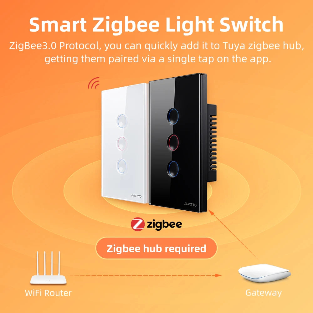 AVATTO Zigbee Smart Touch Switch 110-240V 1/2/3/4 Gang Light Switches Zigbee3.0 Signal Repeater Work With Tuya Alexa Google Home