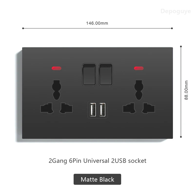 UK 13A with USB Type-c 20W Quick Charge Wall Power socket plug,Black Universal light switch PC Panel Dual USB Electrical outlet