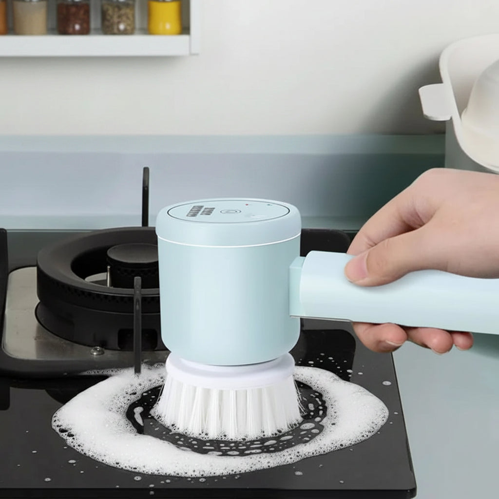 Cordless electric rotary scrubber with 5 replaceable brush heads, rechargeable bathroom and kitchen tile cleaning brush