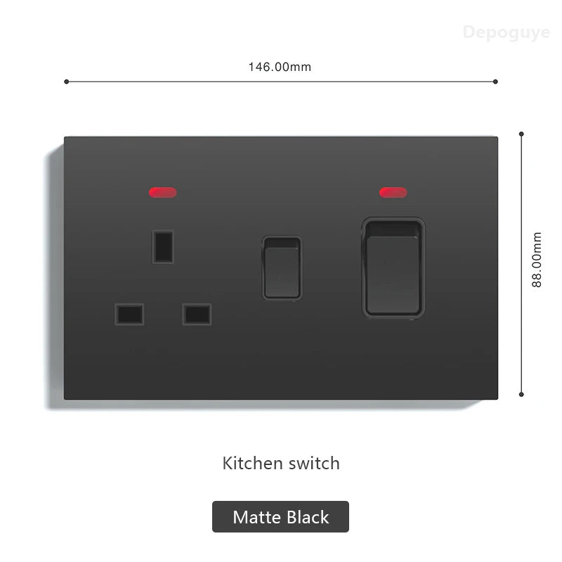 UK 13A with USB Type-c 20W Quick Charge Wall Power socket plug,Black Universal light switch PC Panel Dual USB Electrical outlet