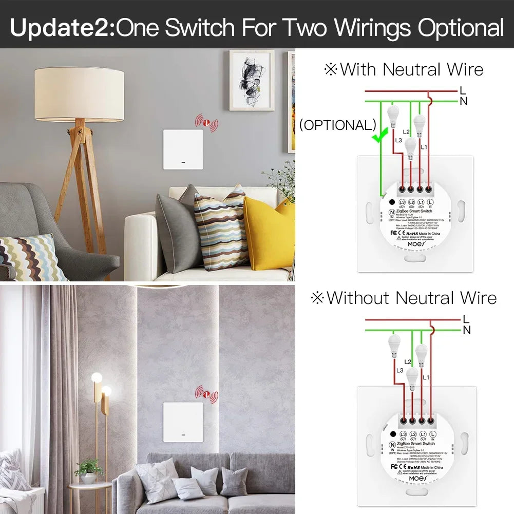 MOES Smart Light Switch Tuya ZigBee No Neutral Wire No Capacitor Needed Smart Life 2/3 Way Works with Alexa Google APP Remote