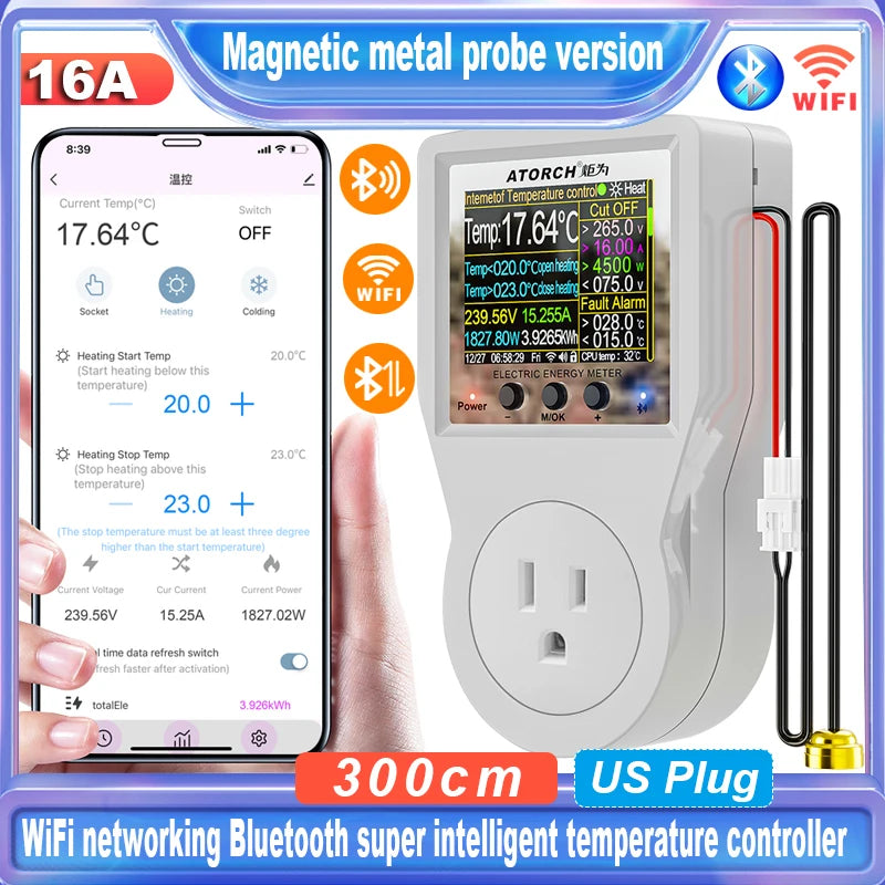 Tuya Wi-Fi Smart Thermostat Socket Outlet Plug Remote Temperature Controller Timer Switch Heating Cooling 3M NTC Sensor 16A