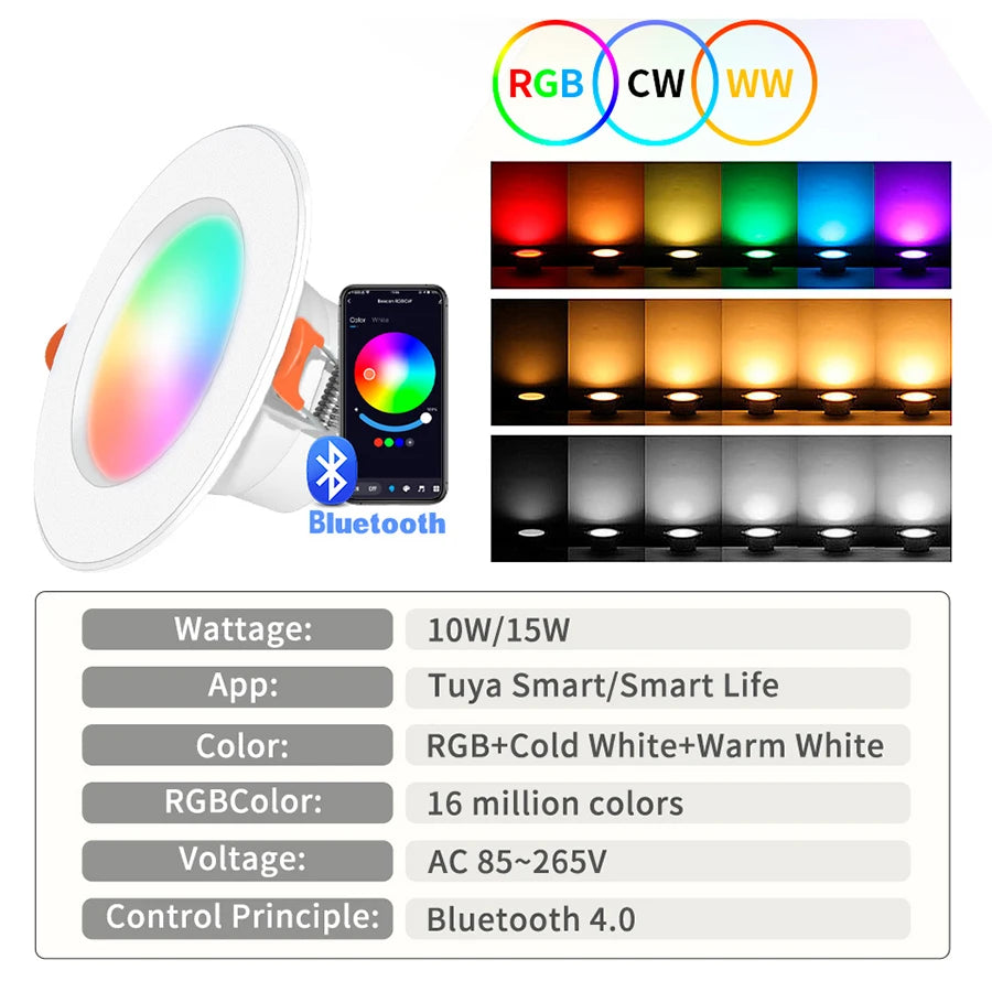 Tuya Smart LED Downlight Bluetooth Recessed Led Spot Lights 10/15W AC85-265V RGB+CW+WW APP Control Works With Smart Life