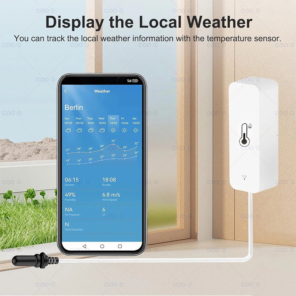 Tuya WiFi Temperature Humidity Sensor with External Probe Wireless Thermometer App Monitor for Freezer, Refrigerator, Fish Tank