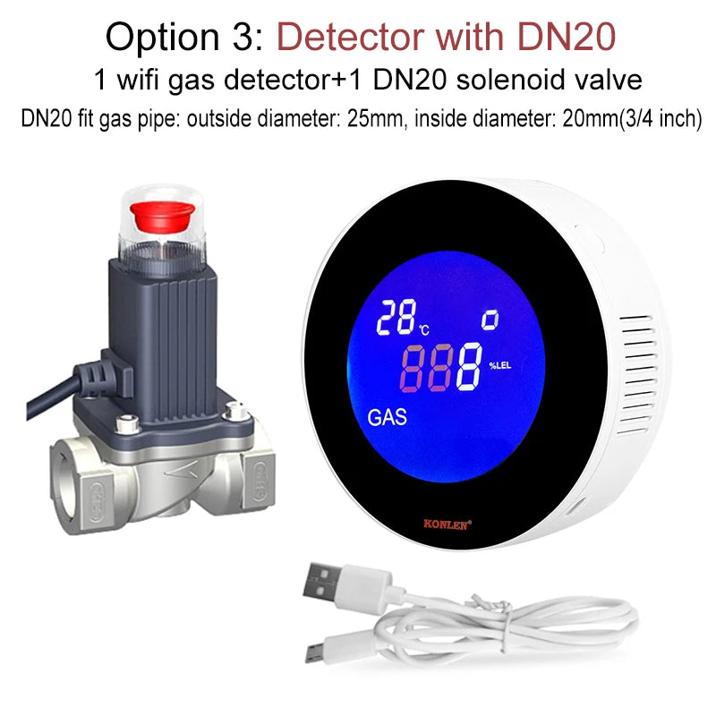 WIFI Tuya Natural LPG Gas Leak Detector with Electric Solenoid Valve Automatic Smart Shut Off Methane CH4 Leakage Alarm Sensor