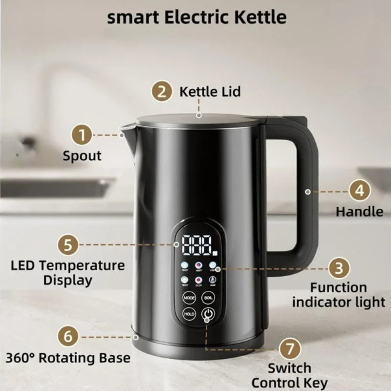 1.7L Digital Smart Electric Kettle 2026 New Tuya Wifi Controlled Kettle with Thermal Insulation Mobile Phone Display Control