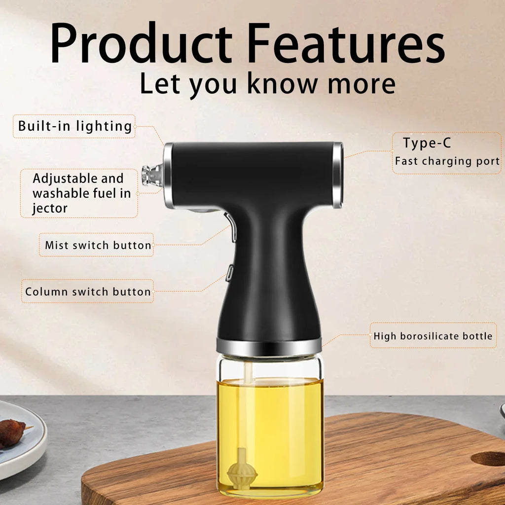 Electric Oil Sprayer, Adjustable Mist & Stream Modes, USB Rechargeable, High Borosilicate Glass Bottle for Kitchen & BBQ