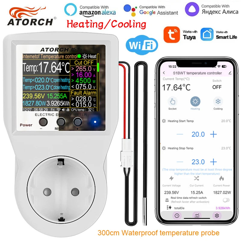Tuya Wi-Fi Smart Thermostat Socket Outlet Plug Remote Temperature Controller Timer Switch Heating Cooling 3M NTC Sensor 16A
