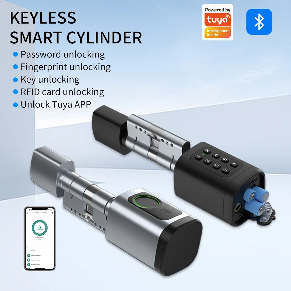 TTLock/Support Tuya App Bluetooth Fingerprint Digital Cylinder Lock with APP/Password/RFID Card/Key Unlock V1 Adjustable Length
