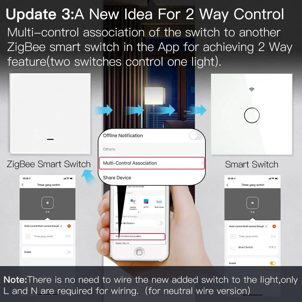 MOES Smart Light Switch Tuya ZigBee No Neutral Wire No Capacitor Needed Smart Life 2/3 Way Works with Alexa Google APP Remote