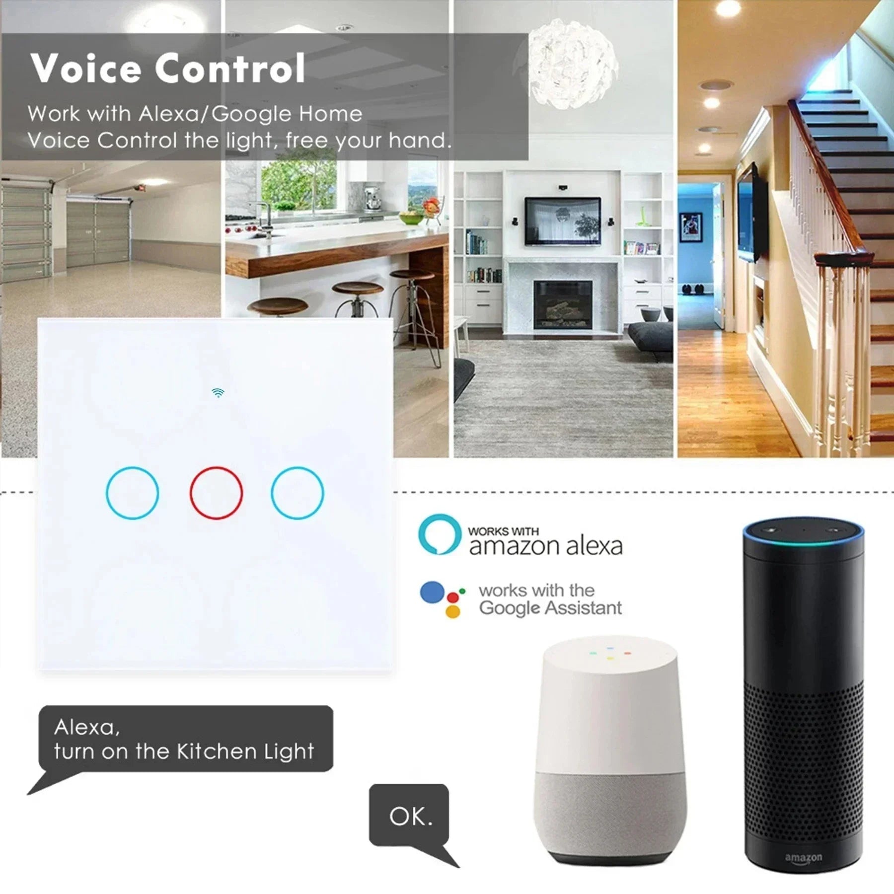 Works with Tuya WiFi Touch Switch Light Wall Smart Switch for EU Smart Home Life Alexa Google Home 433RF WiFi Remote 1/2/3 Gang