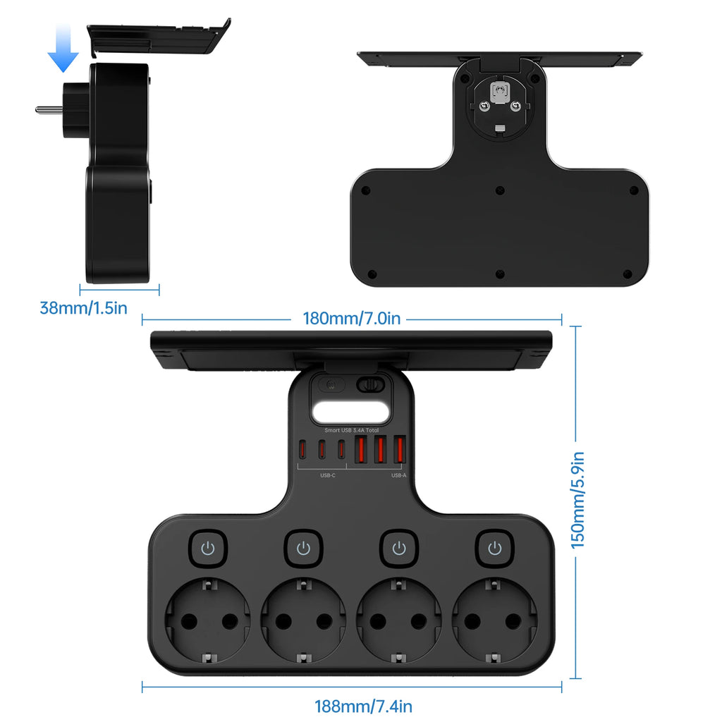 4000W EU Multifunction Socket Smart Night Light Individual Switch EU Plug 4 AC Power Strip with Phone Holder 2 USB-A 2 USB-C