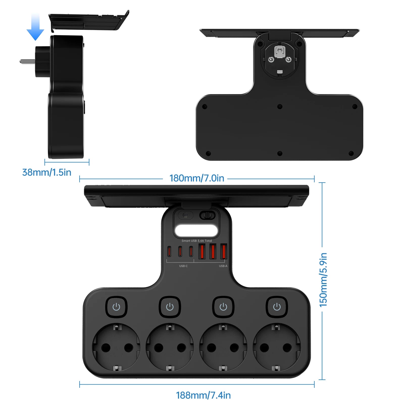 4000W EU Multifunction Socket Smart Night Light Individual Switch EU Plug 4 AC Power Strip with Phone Holder 2 USB-A 2 USB-C