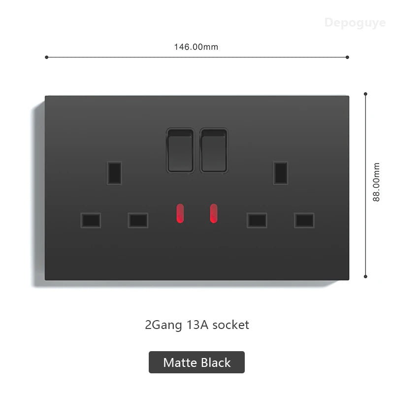 UK 13A with USB Type-c 20W Quick Charge Wall Power socket plug,Black Universal light switch PC Panel Dual USB Electrical outlet