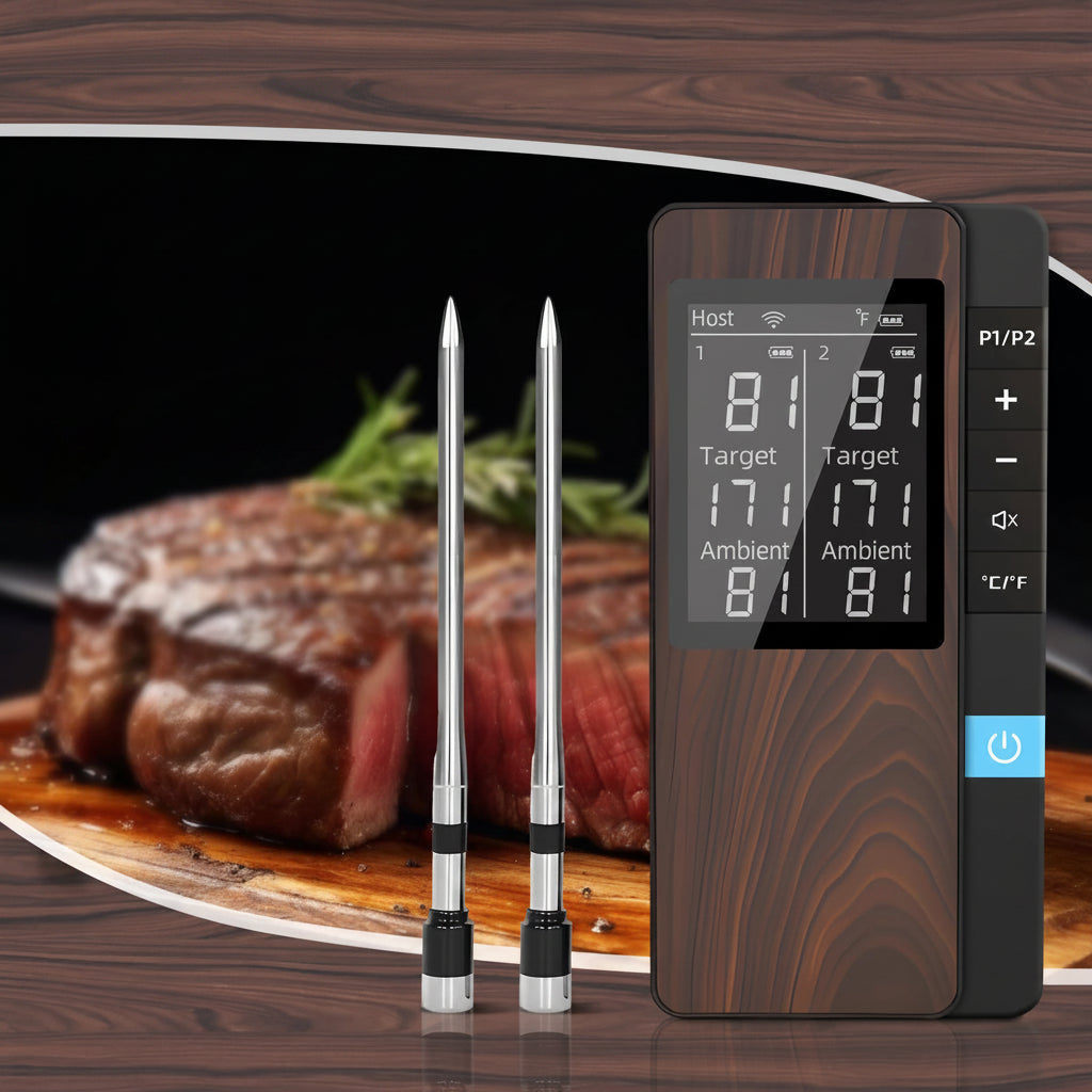 Wireless Meat Thermometer Digital Bluetooth Probe Thermometer Rechargeable with LCD Screen & Mobile APP for BBQ Oven Rotisserie