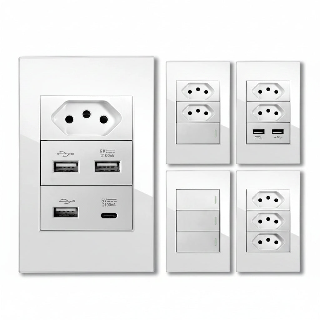 DELEFU 4*2 White Tempered Glass Brazil Standard Outlet with Double USB Type C Wall Power Socket  Switch Tuya Wifi 10A 20A
