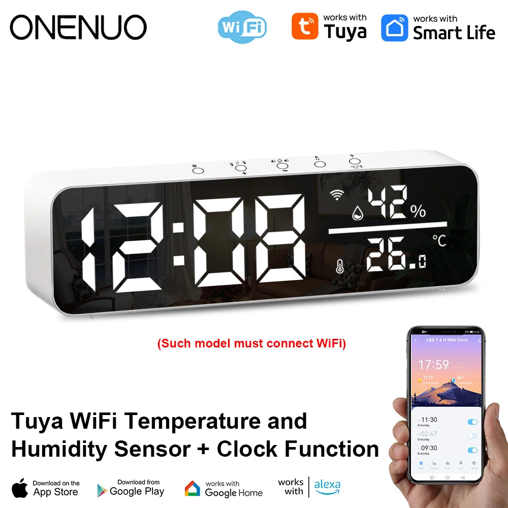 Smart WiFi Electronic Alarm Clock Temperature Humidity Sensor LED Screen Tuya Smart APP Control Support Alexa Google Home
