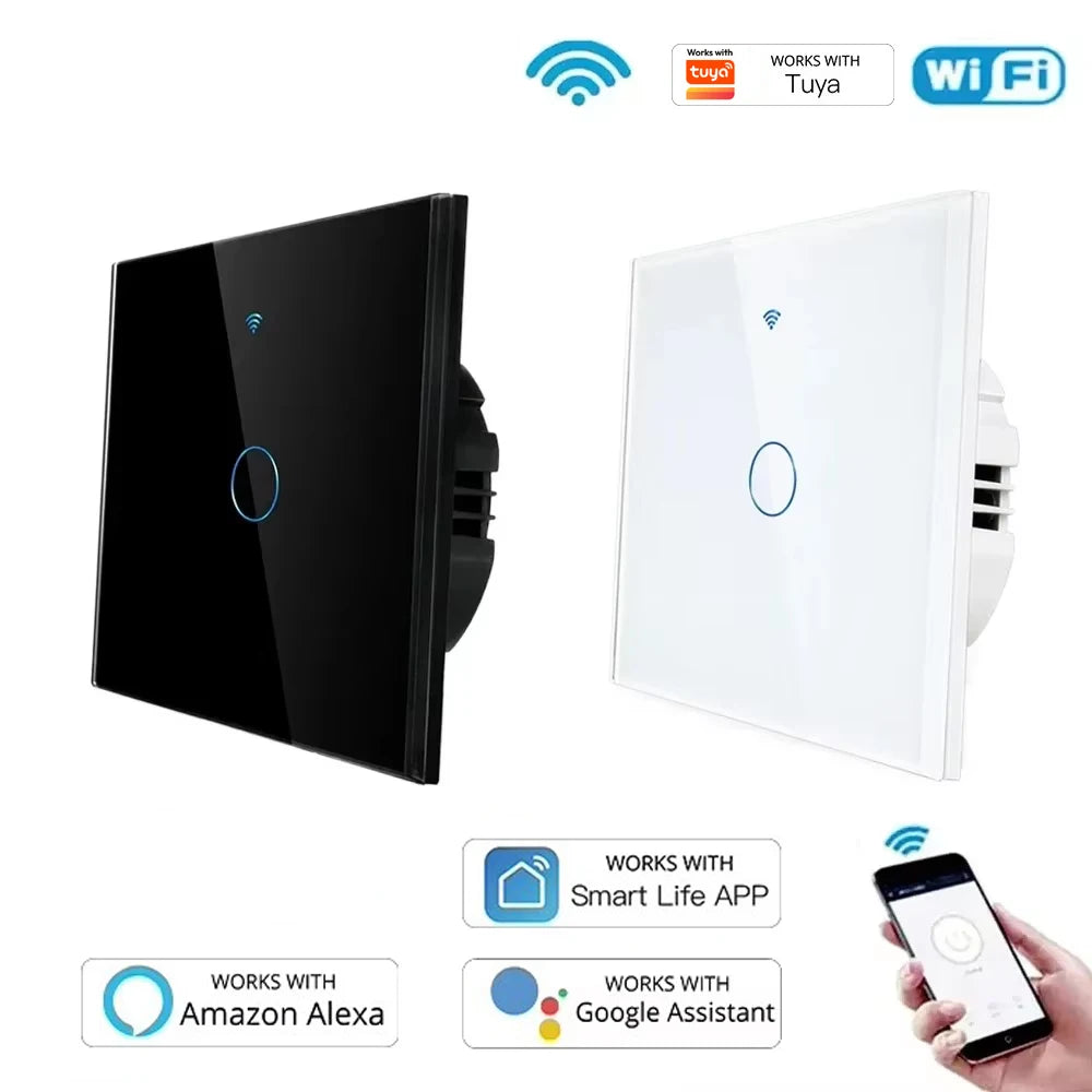 Works with Tuya WiFi Touch Switch Light Wall Smart Switch for EU Smart Home Life Alexa Google Home 433RF WiFi Remote 1/2/3 Gang