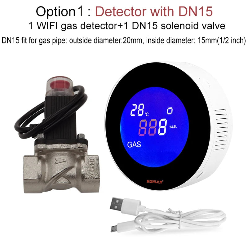 WIFI Tuya Natural LPG Gas Leak Detector with Electric Solenoid Valve Automatic Smart Shut Off Methane CH4 Leakage Alarm Sensor