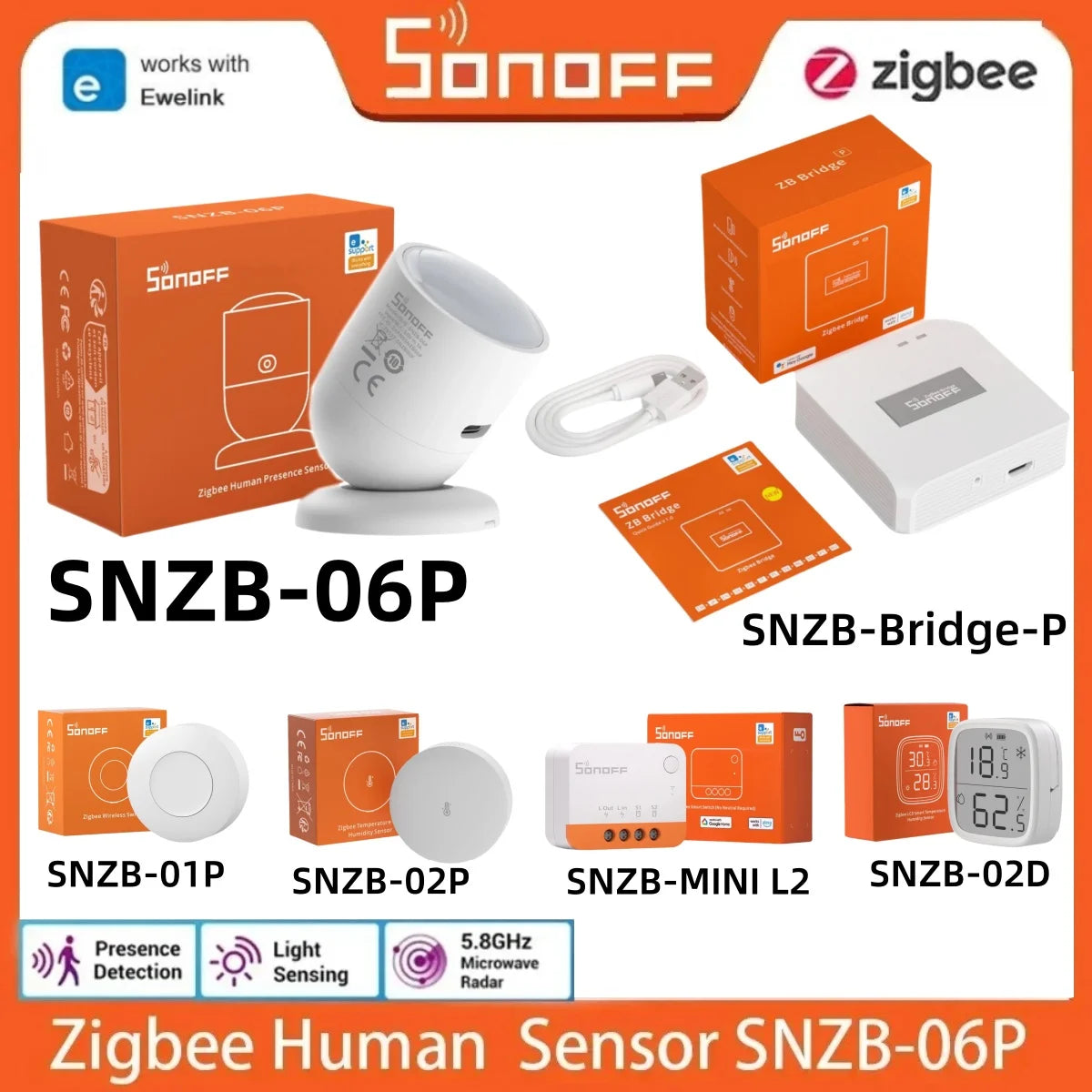SONOFF SNZB 06P SNZB-03P SNZB-04P SNZB-02D Sonoff Switch SNZB-02P Zigbee Human Presence Sensor SONOFF Bridge Pro SNZB-06P