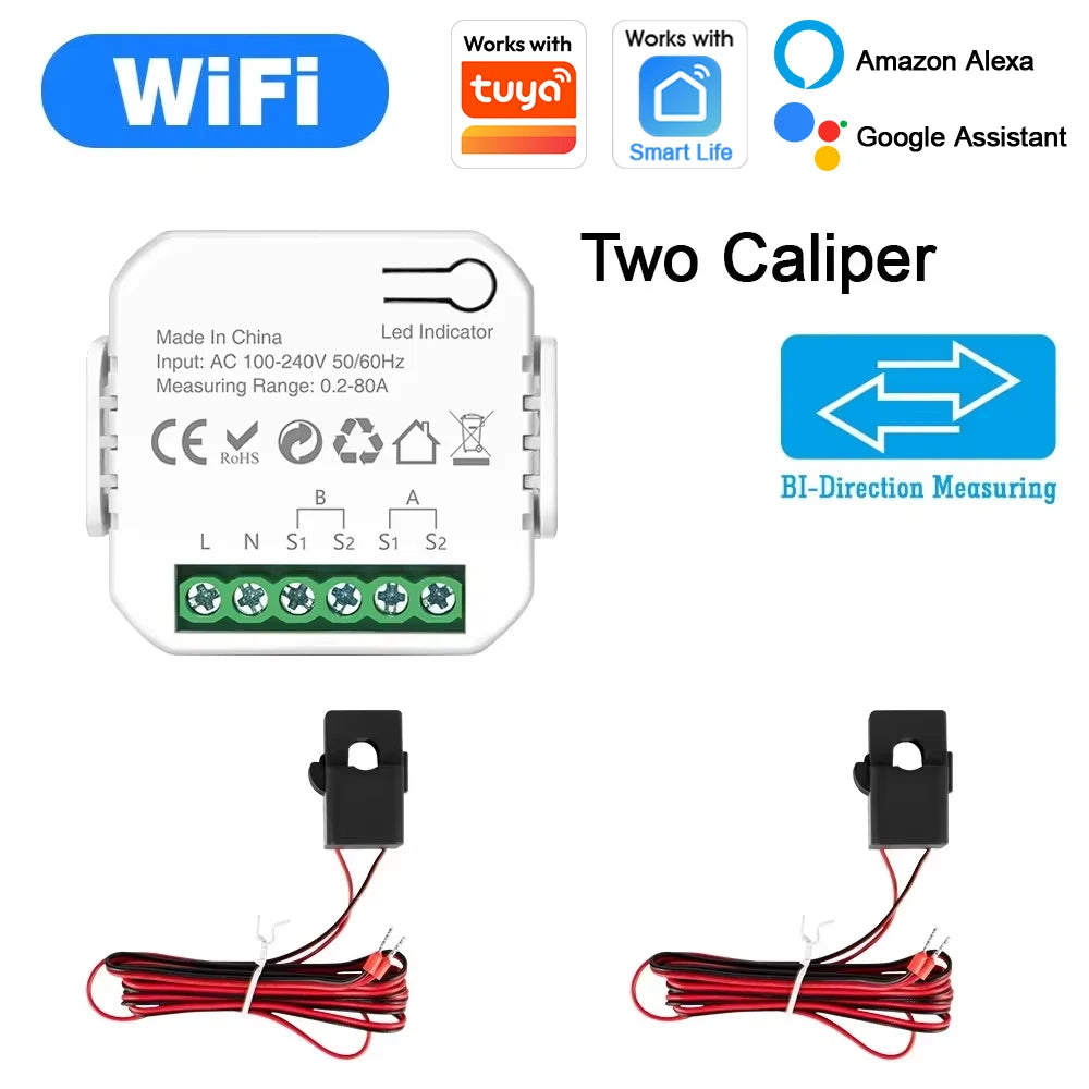 EARU Tuya Smart WiFi Energy Meter with 1/2 CT Clamps Solar PV System Power Production Consumption Bidirectional Monitoring Meter