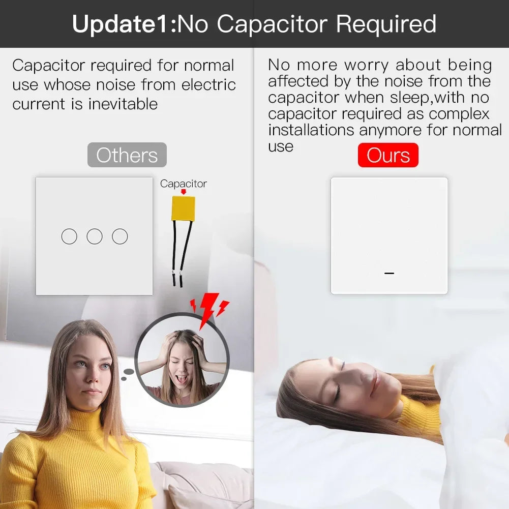 MOES Smart Light Switch Tuya ZigBee No Neutral Wire No Capacitor Needed Smart Life 2/3 Way Works with Alexa Google APP Remote