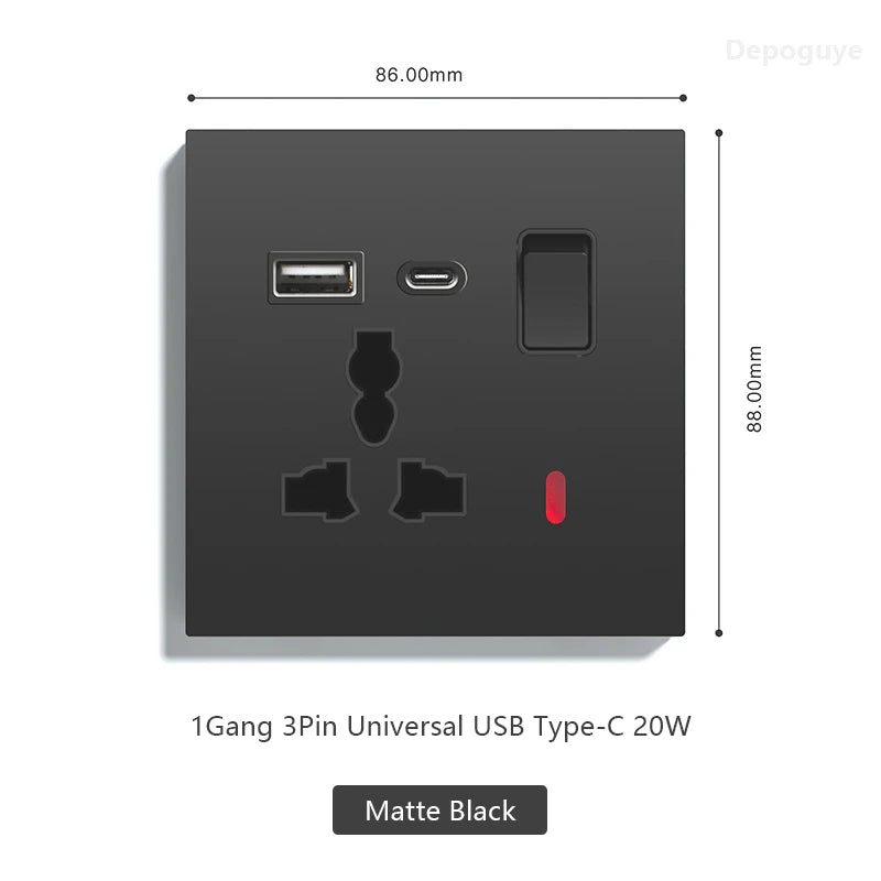 UK 13A with USB Type-c 20W Quick Charge Wall Power socket plug,Black Universal light switch PC Panel Dual USB Electrical outlet