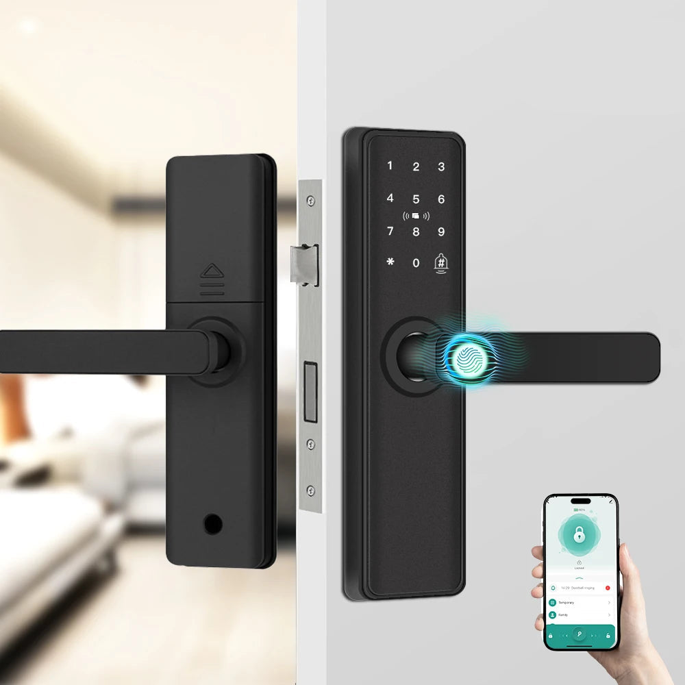 2026 New Smart Door Lock With Bluetooth Compatible Tuya APP Digital Electronic Lock Smart Home Wooden Door Lock Fingerprint