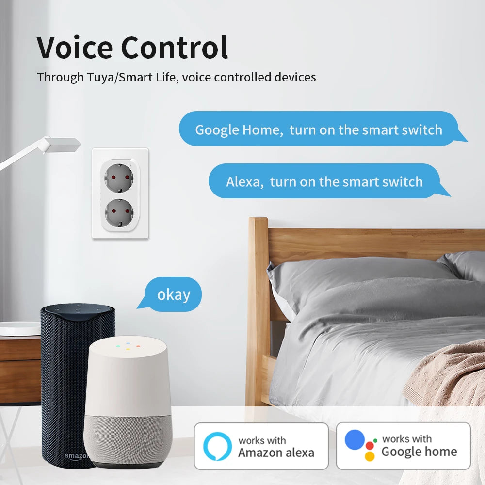 TNCE tuya 2 in 1 plug 16A eu, wifi Power Dual socket Monitor Smart life Remote Control Timer, Voice with Google Home Alexa Alice