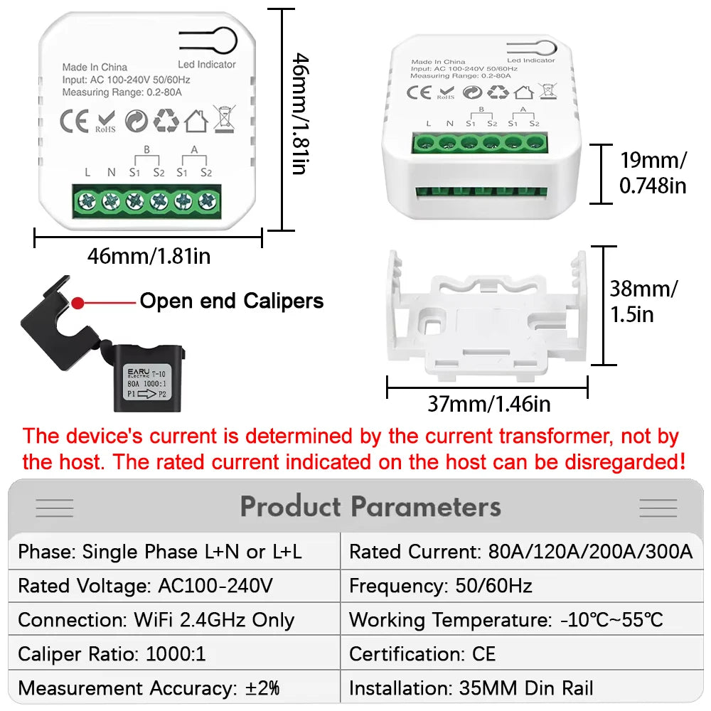 EARU Tuya Smart WiFi Energy Meter with 1/2 CT Clamps Solar PV System Power Production Consumption Bidirectional Monitoring Meter