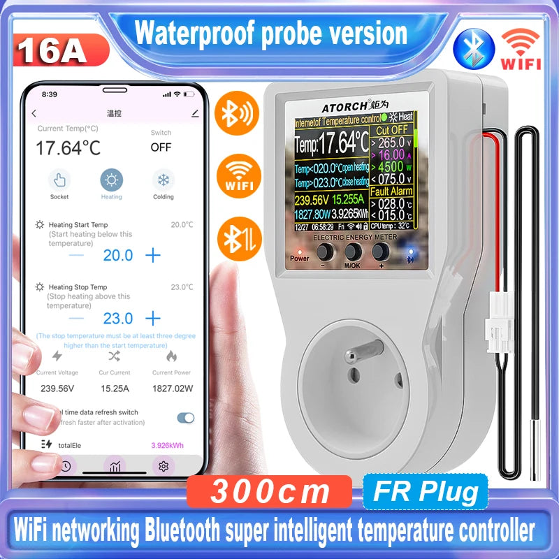 Tuya Wi-Fi Smart Thermostat Socket Outlet Plug Remote Temperature Controller Timer Switch Heating Cooling 3M NTC Sensor 16A