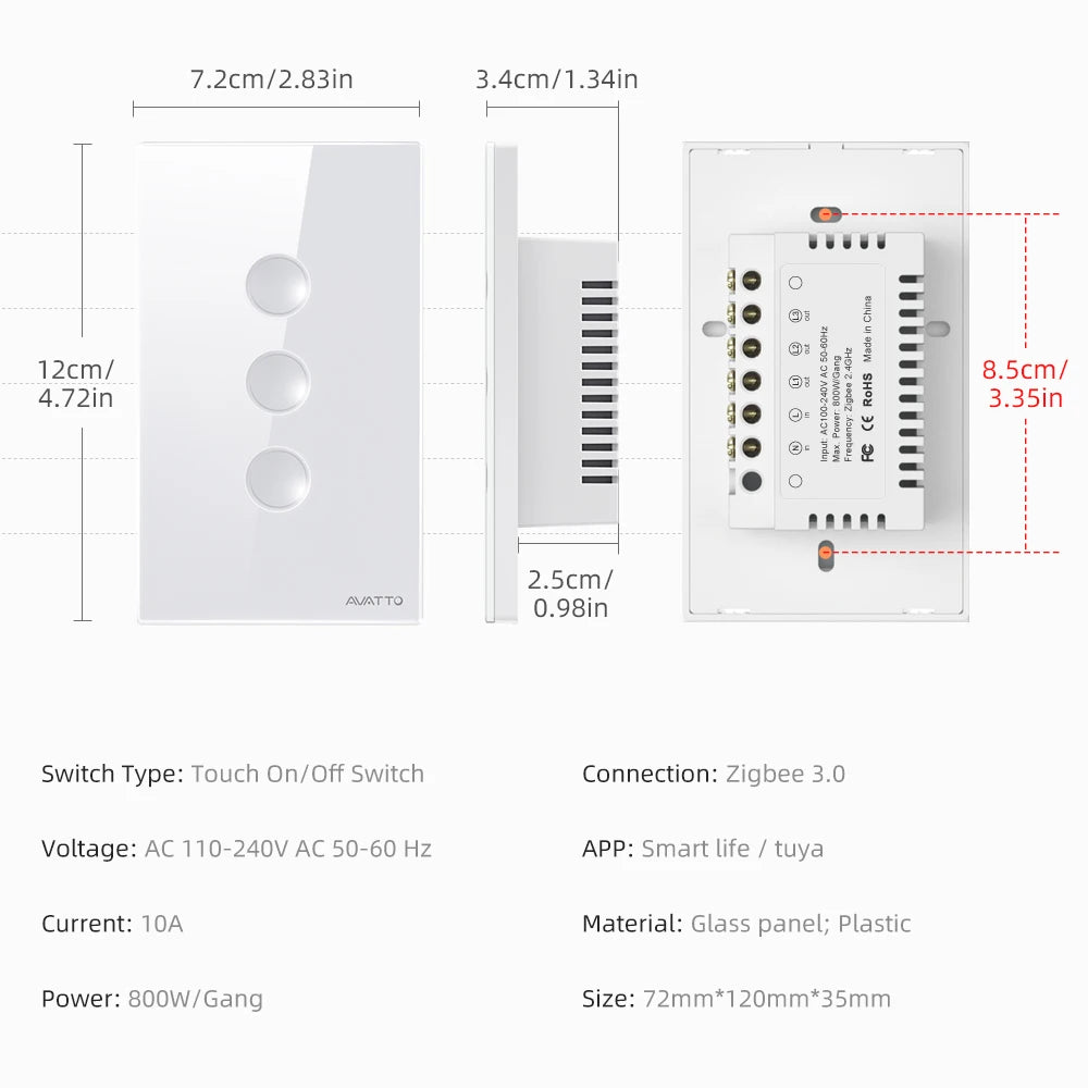 AVATTO Zigbee Smart Touch Switch 110-240V 1/2/3/4 Gang Light Switches Zigbee3.0 Signal Repeater Work With Tuya Alexa Google Home