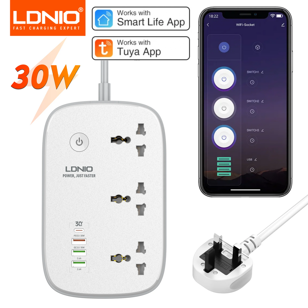 LDNIO Smart Power Strip Tuya Timing WIFI Socket EU US UK Plug Adapter with 3 USB PD Port Bluetooth Smart Life APP Remote Control