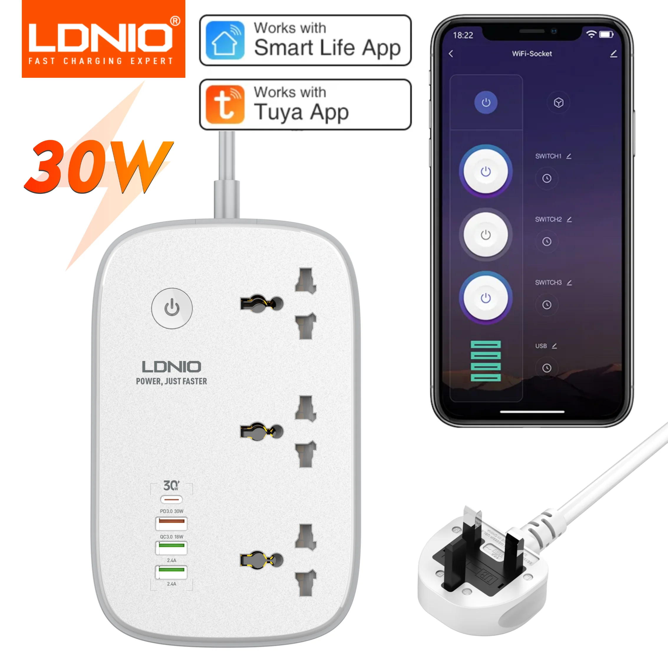 LDNIO Smart Power Strip Tuya Timing WIFI Socket EU US UK Plug Adapter with 3 USB PD Port Bluetooth Smart Life APP Remote Control