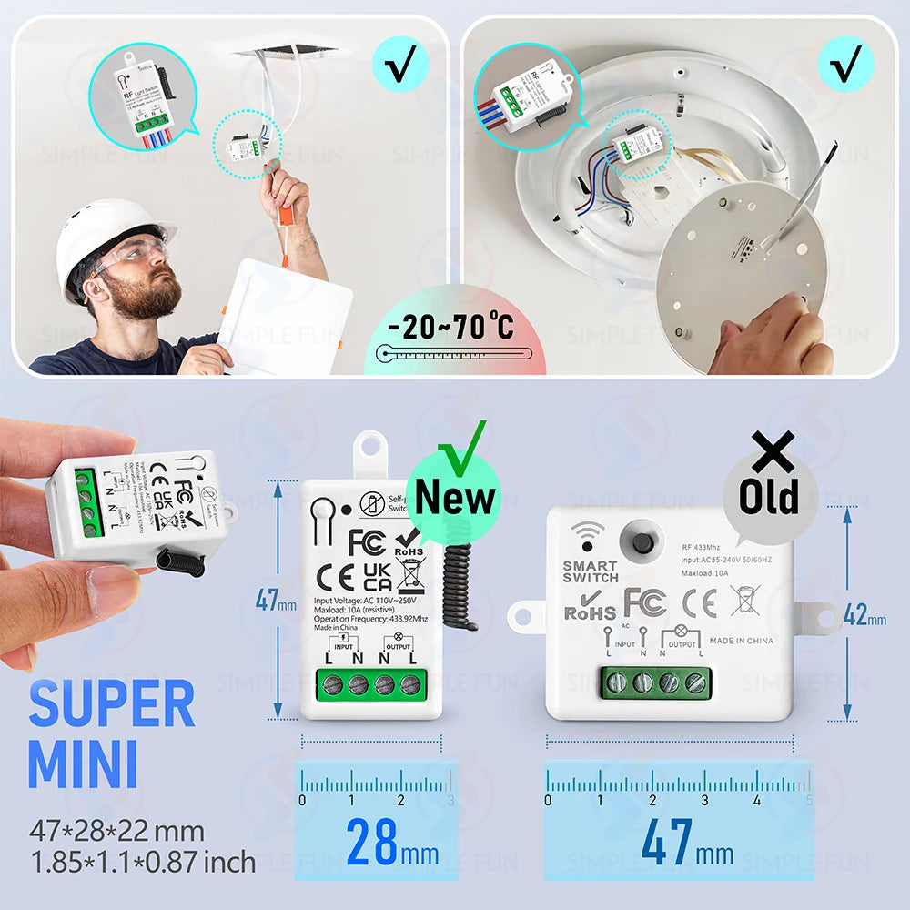 Mini RF Smart Light Switch 110V 220V 230V Self Power Wireless Wall Switch No Battery Support Power Restoration Status Setting