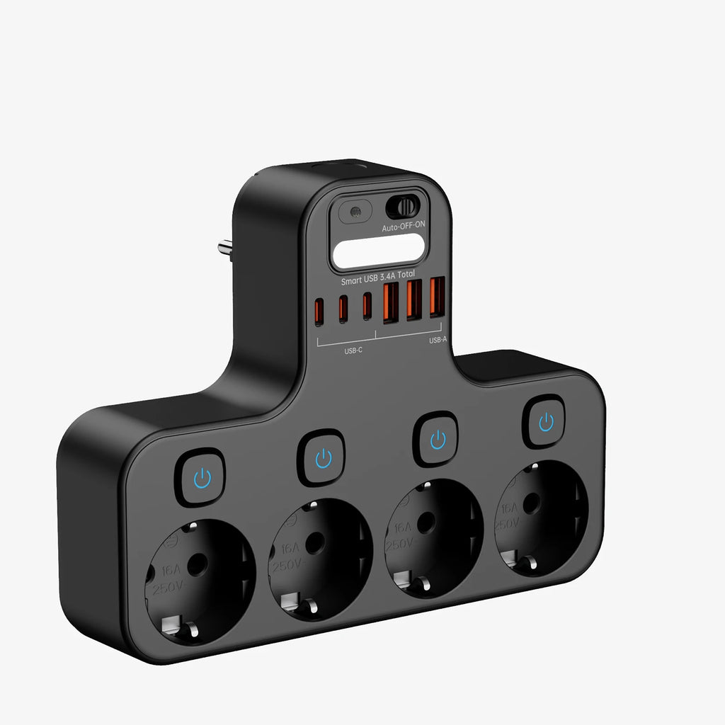 4000W EU Multifunction Socket Smart Night Light Individual Switch EU Plug 4 AC Power Strip with Phone Holder 2 USB-A 2 USB-C