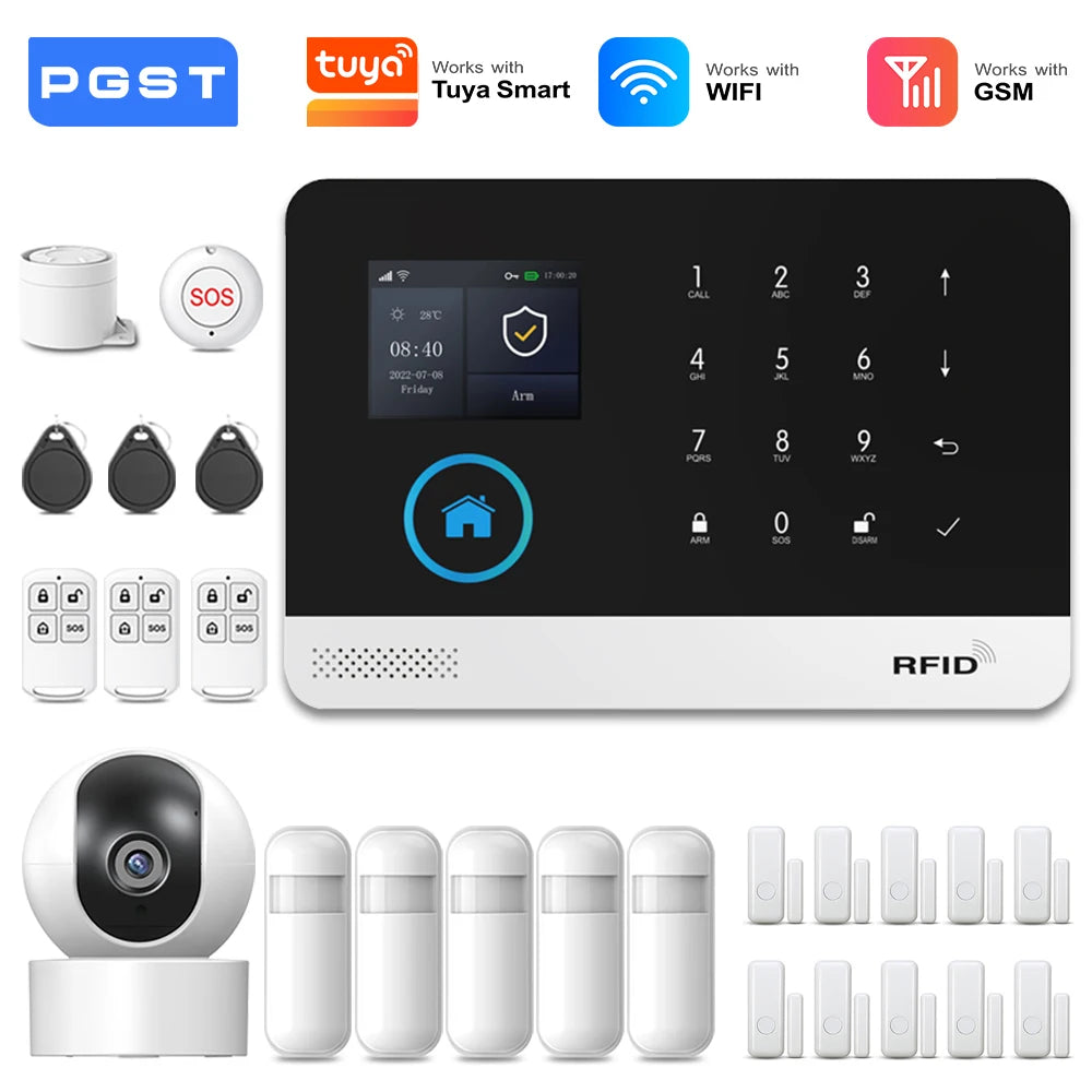 PGST 4G 2G WiFi GSM Wireless Alarm System Home Security Protection Alarm System Set PIR Sensor Works with Tuya Smart Life Alexa