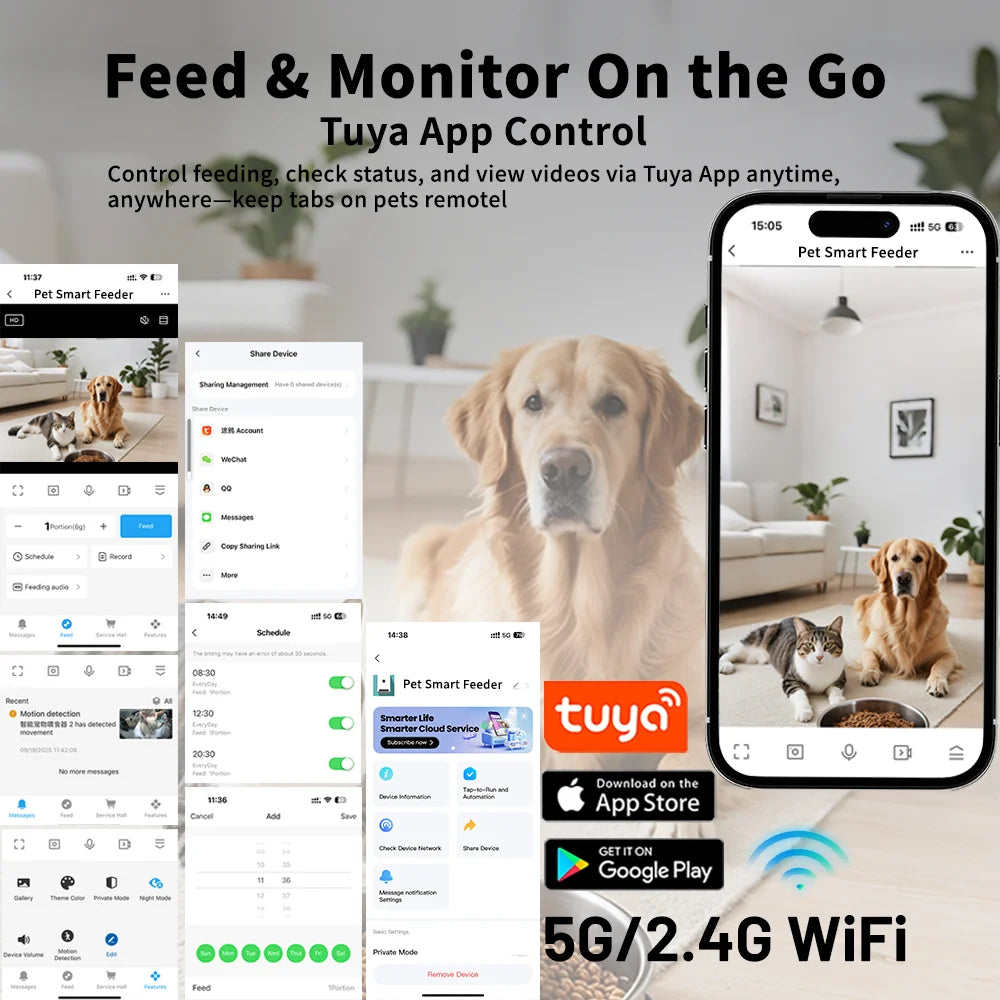 Smart Automatic Pet Feeder with 1080P HD Camera 15cm Elevated 5G WiFi Tuya APP Furpipi Control Automatic Cat Dog Food Dispenser