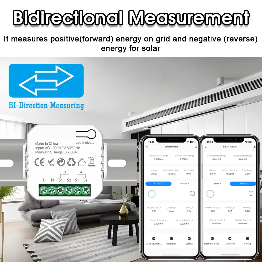 EARU Tuya Smart WiFi Energy Meter with 1/2 CT Clamps Solar PV System Power Production Consumption Bidirectional Monitoring Meter