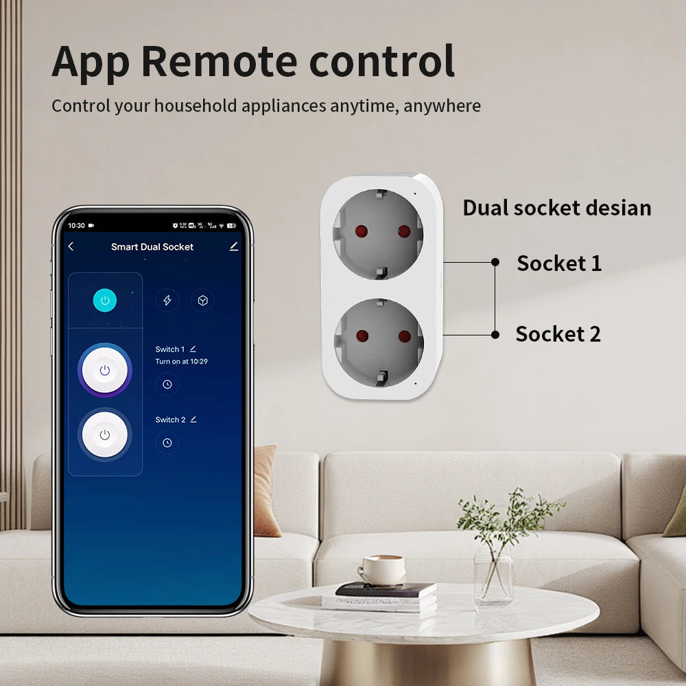 TNCE tuya 2 in 1 plug 16A eu, wifi Power Dual socket Monitor Smart life Remote Control Timer, Voice with Google Home Alexa Alice