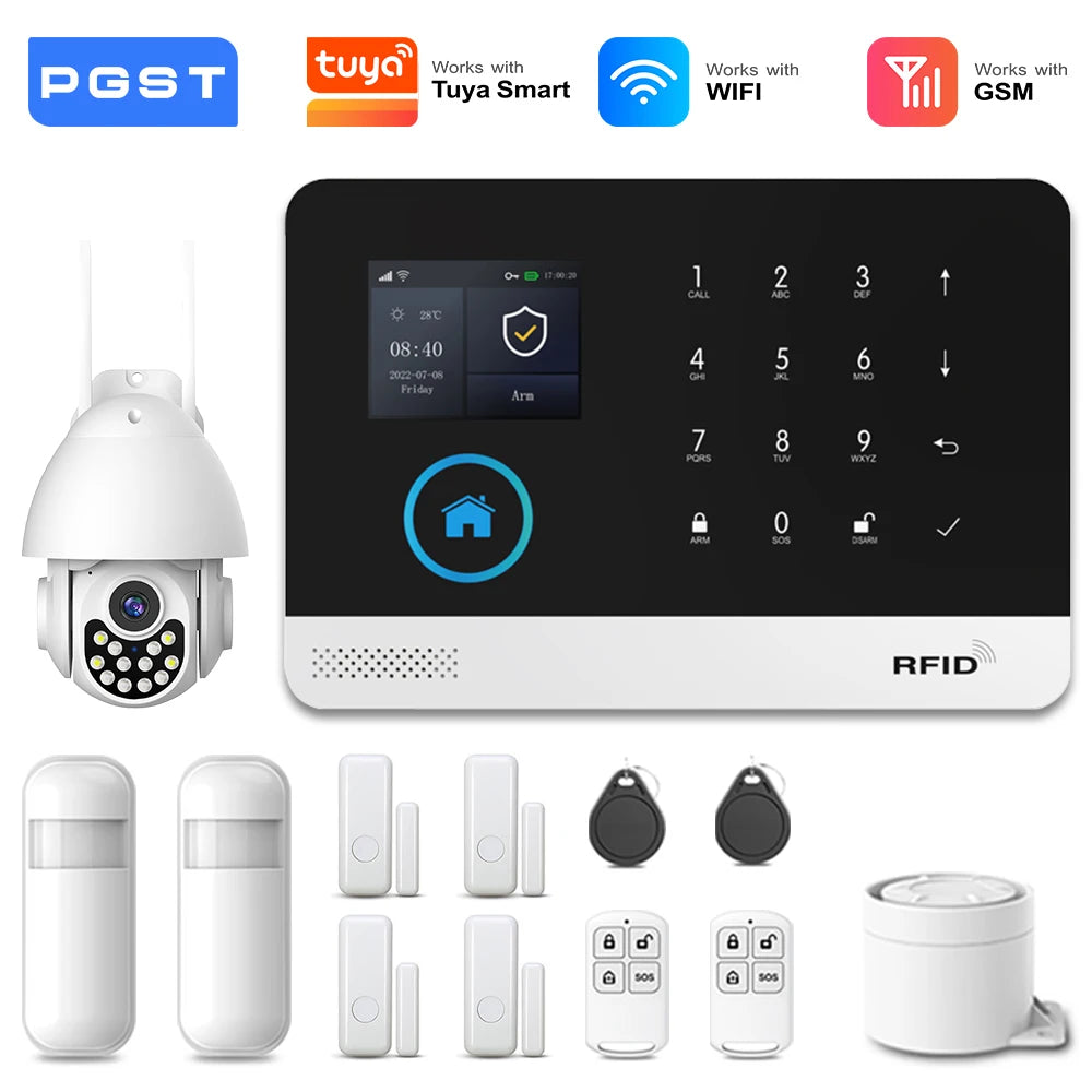 PGST 4G 2G WiFi GSM Wireless Alarm System Home Security Protection Alarm System Set PIR Sensor Works with Tuya Smart Life Alexa