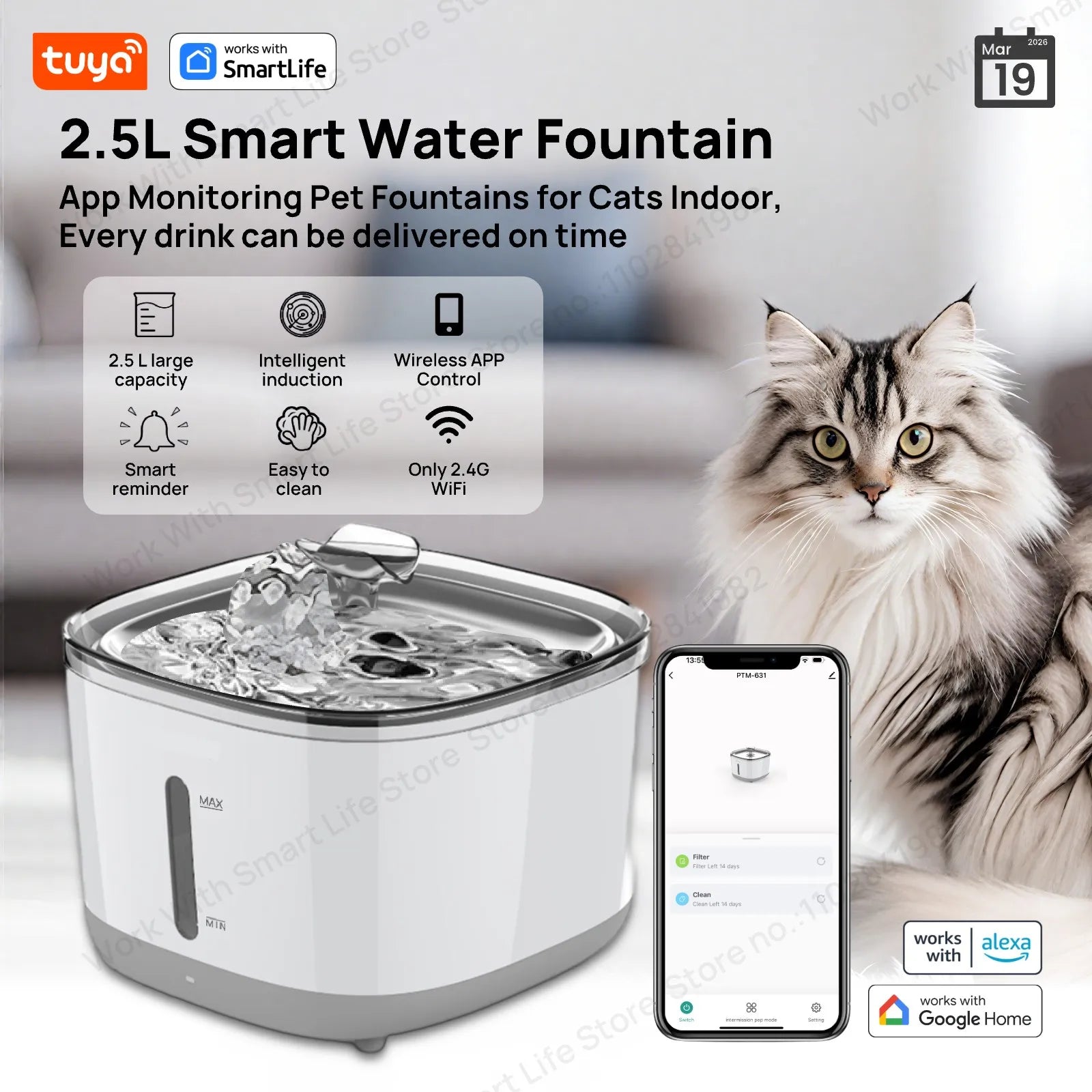 Cat Water Fountain, 2.5L/84oz Tuya Smart App Pet Water Fountain,Automatic Water Dispenser for Cats Inside with SUS304 Bowl
